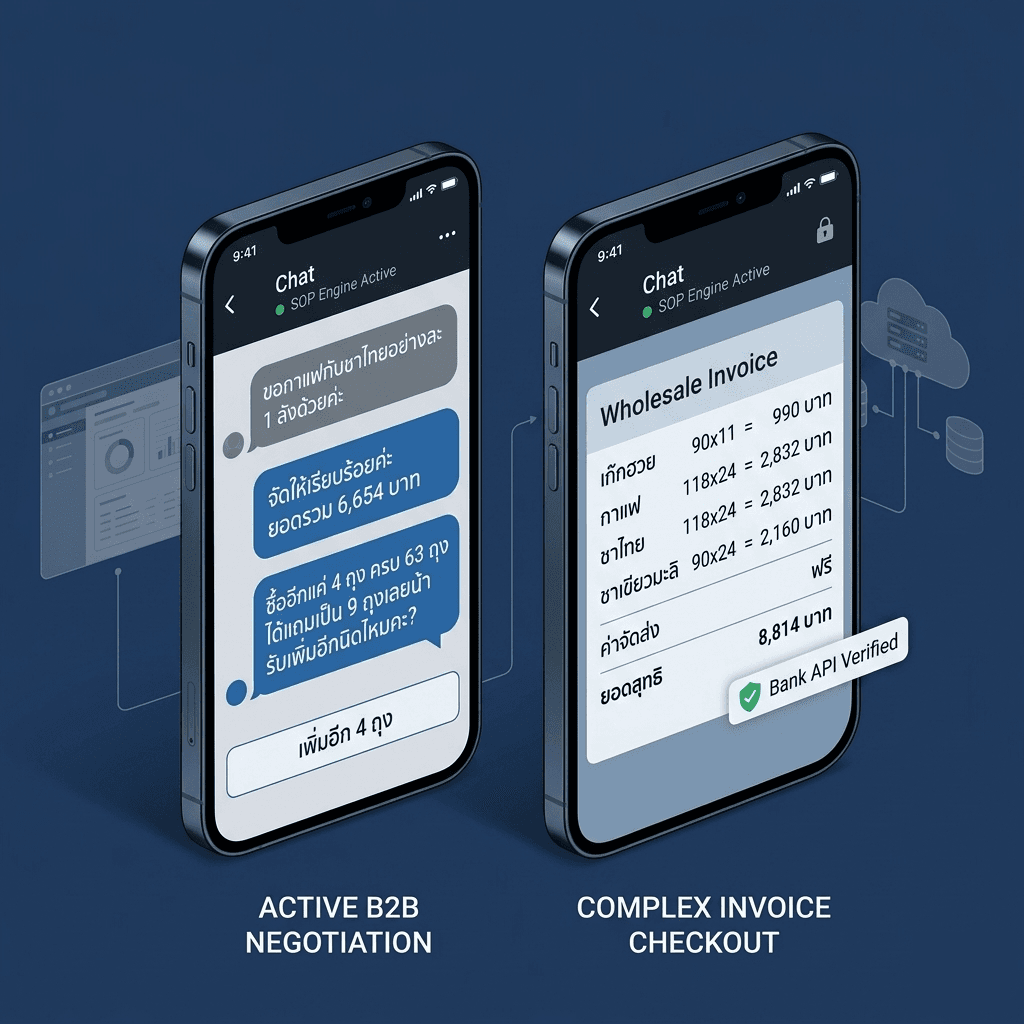 SalesTwin digital sales assistant on mobile: a B2B sales negotiation and an order summary with bank slip verification.